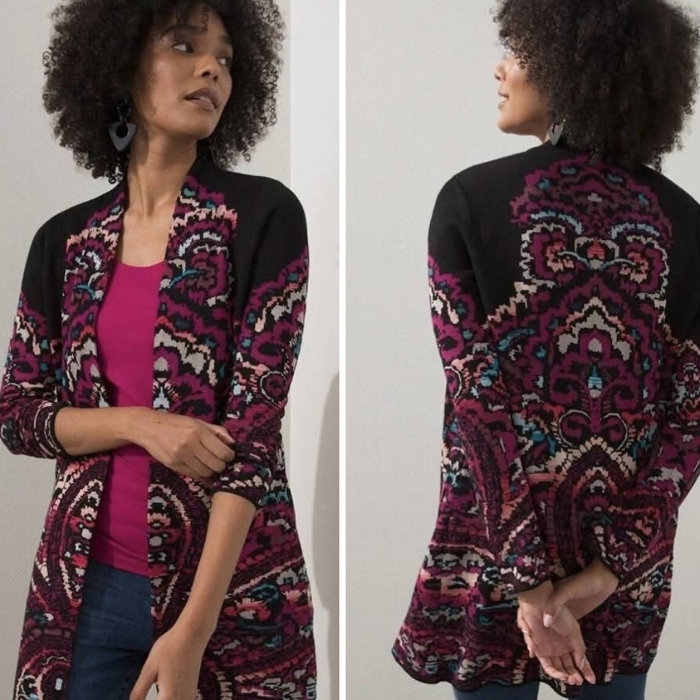 Chico's Vibrant Black and Pink Cardigan. NWOT Size Chico's 2 US Large
